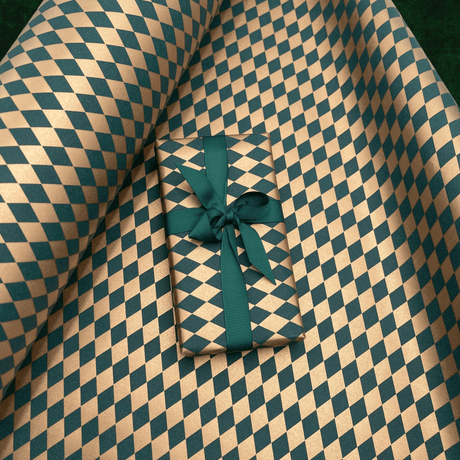 Gold and forest green diamond Christmas gift wrapping paper with evergreen grosgrain ribbon