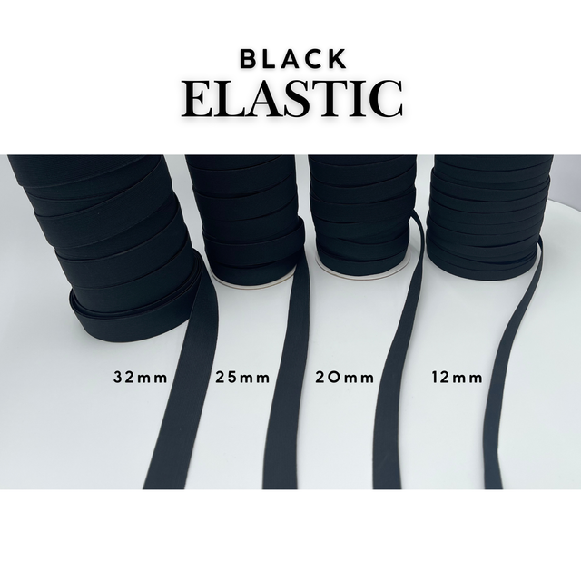 Black elastic bands with measurements on a white background
