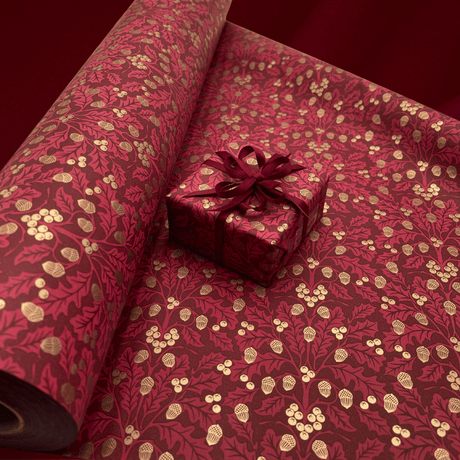 Harvest Burgundy gift wrapping paper with golden acorns, berries and burgundy satin ribbon