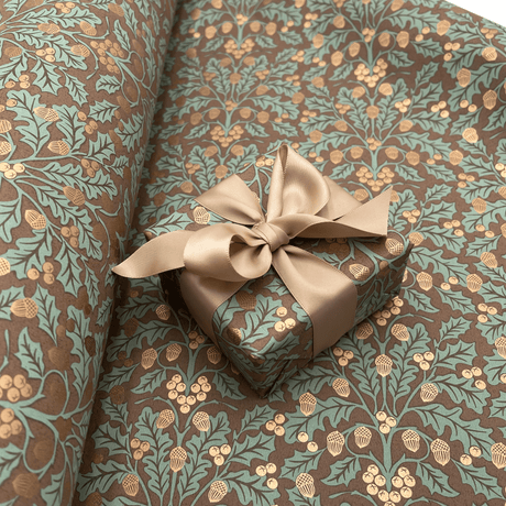 Harvest Cocoa gift wrapping paper with sage foliage, golden acorns and taupe satin ribbon