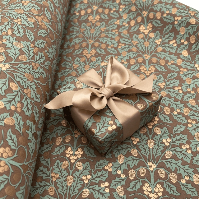 Harvest Cocoa gift wrapping paper with sage foliage, golden acorns and taupe satin ribbon