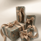 Harvest Cocoa botanical Christmas wrapping paper with taupe satin ribbon and wrapped gifts