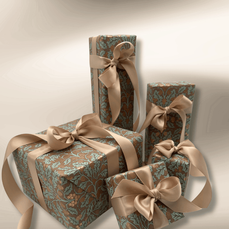 Harvest Cocoa botanical Christmas wrapping paper with taupe satin ribbon and wrapped gifts