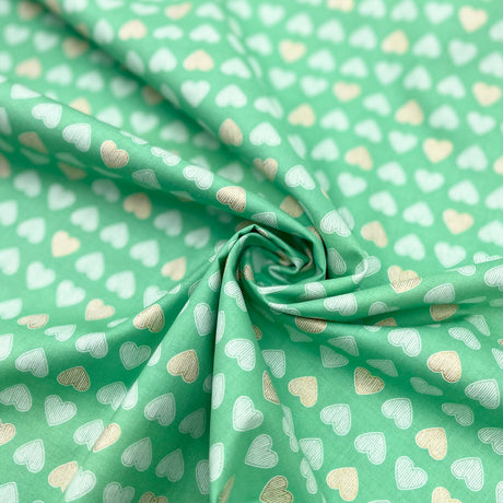 Heart of Gold – Clover Green Fabric, Gold Metallic Hearts – Michael Miller