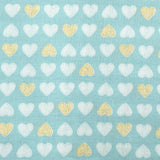 Heart of Gold – Mist Fabric, Gold Metallic Hearts – Michael Miller