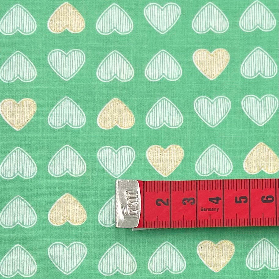 Heart of Gold – Clover Green Fabric, Gold Metallic Hearts – Michael Miller