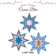 Cosmic Blue Christmas Gift Tags 6 Pack featuring colourful layered blue, pink and gold starburst designs with hanging loops.