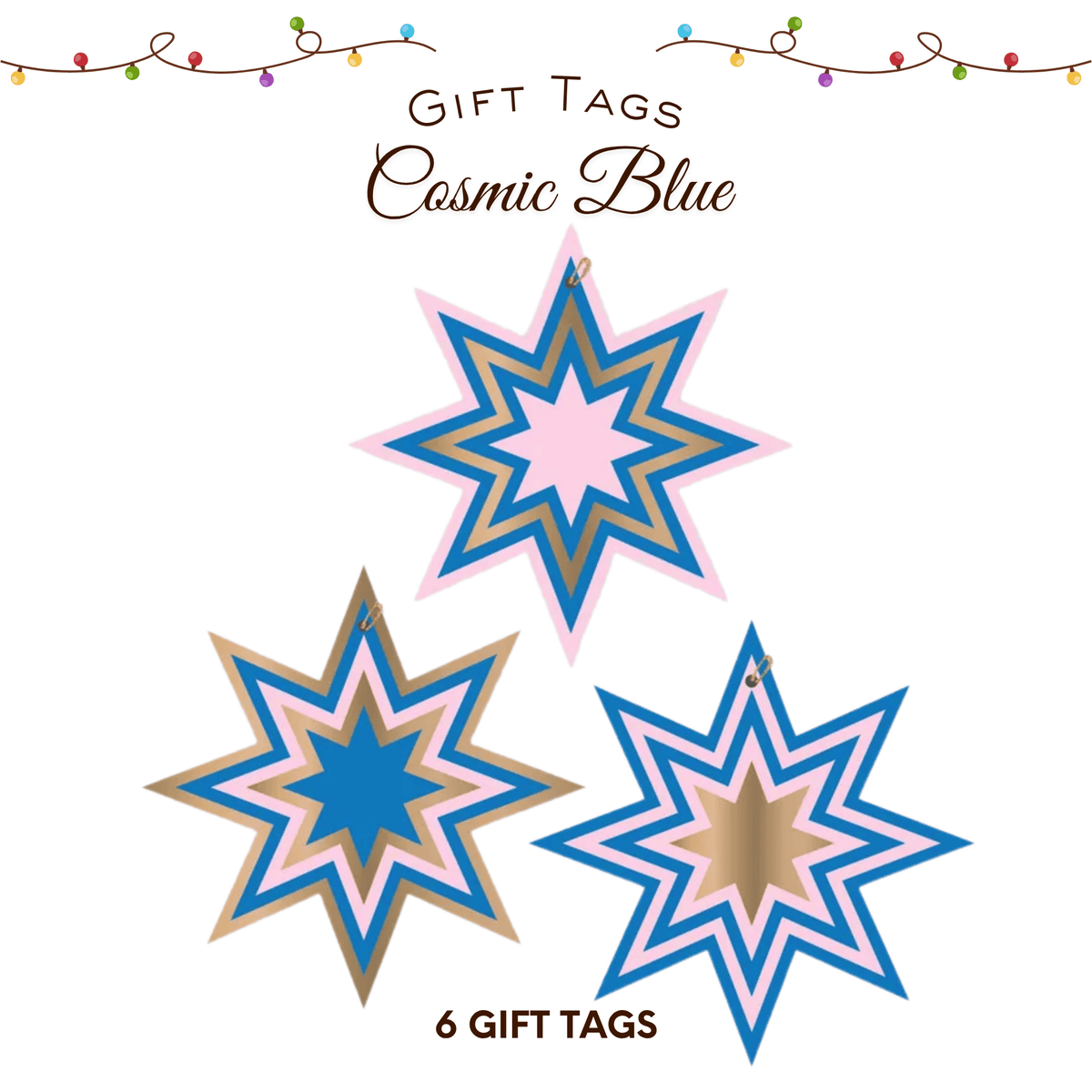 Cosmic Blue Christmas Gift Tags 6 Pack featuring colourful layered blue, pink and gold starburst designs with hanging loops.