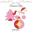 Drummer Boy Christmas Gift Tags 6 Pack featuring a rocking horse, pink Christmas tree and colourful festive bauble designs.