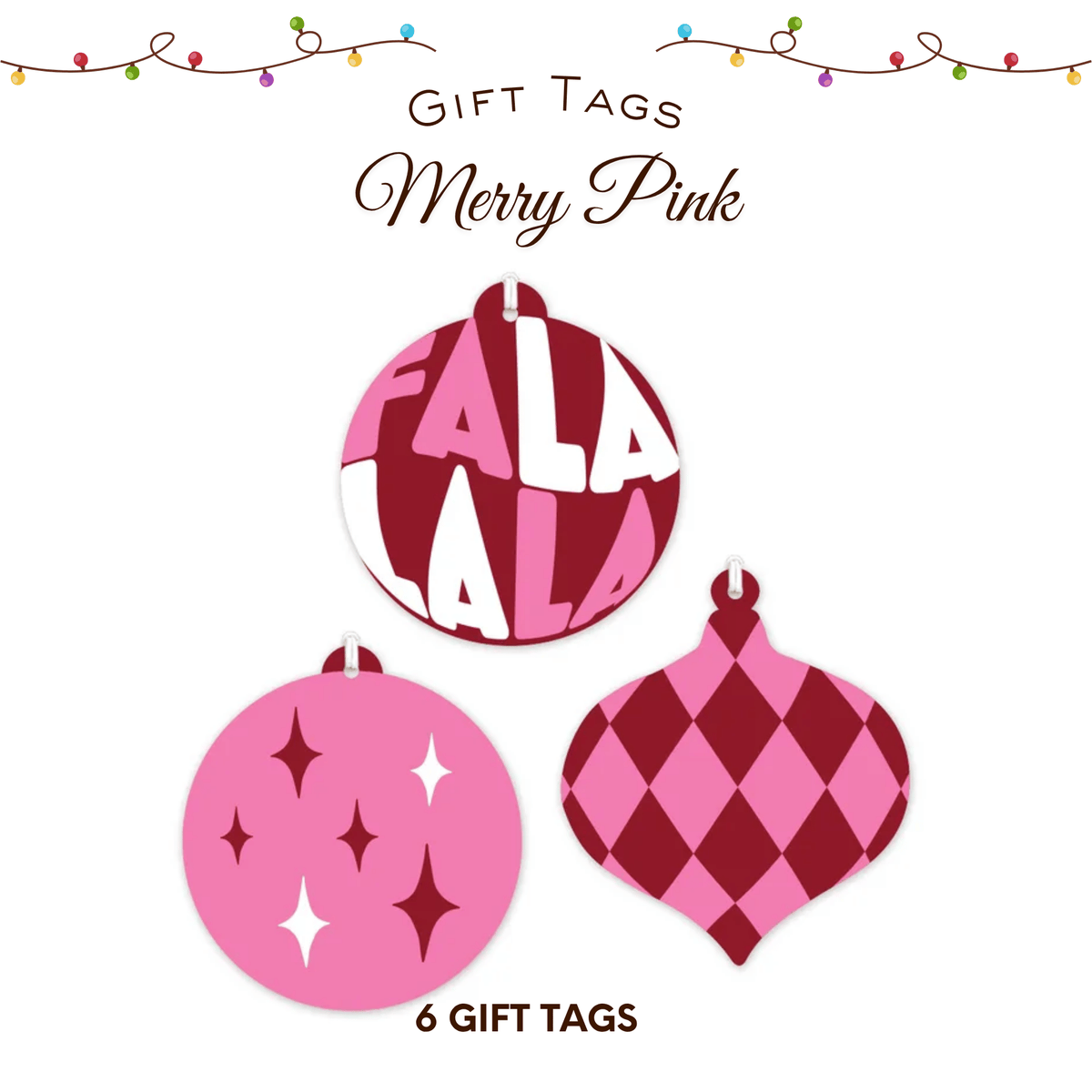 Merry Pink Christmas Gift Tags 6 Pack featuring three pink and burgundy bauble designs with festive lettering, sparkling stars and diamond patterns.