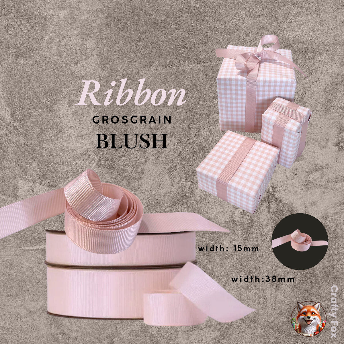 Blush grosgrain ribbon in 15mm and 38mm widths for gift wrapping and crafts