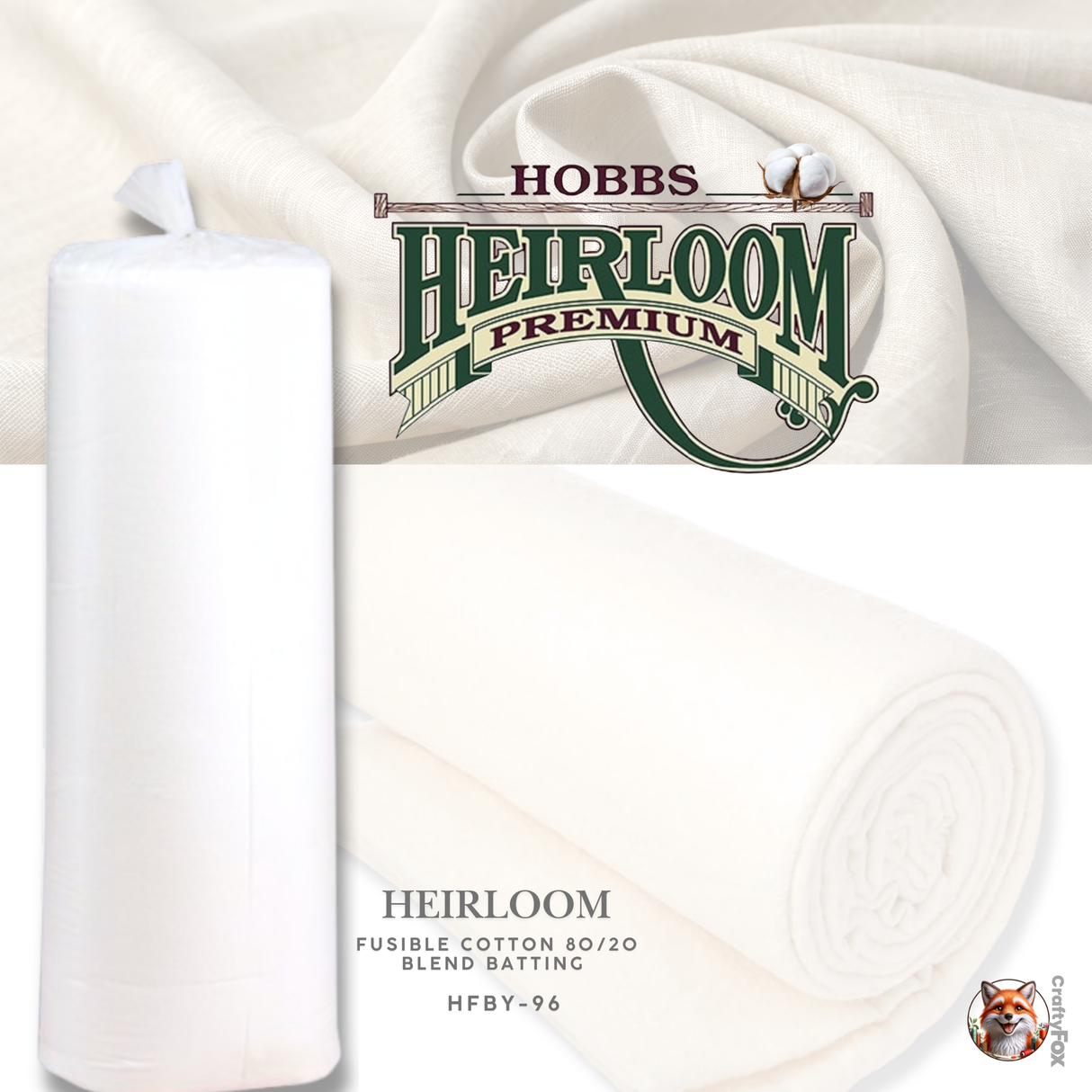 Hobbs Heirloom Fusible Cotton 80/20 Blend Batting – HFBY-96 (96" Wide)