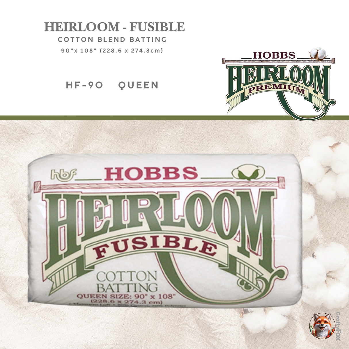 Hobbs Heirloom® Fusible Cotton Blend Batting – Queen (HF-90)