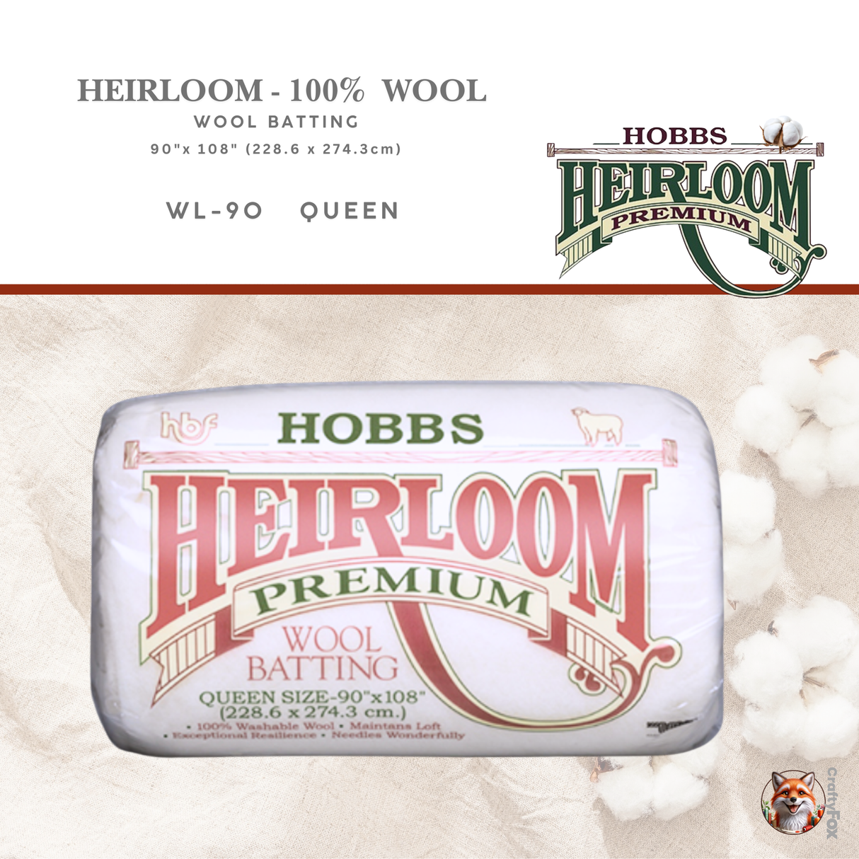 Hobbs Wool Heirloom® 100% Wool Batting – Queen (WL-90)