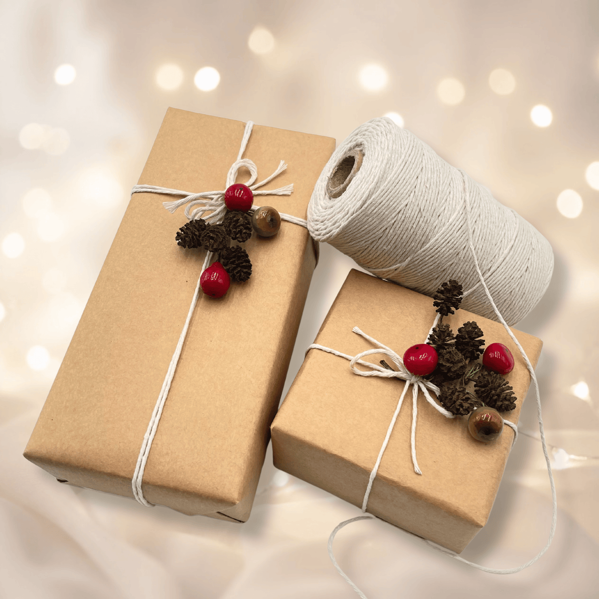 Two kraft paper wrapped gift boxes tied with white twine and decorated with pinecones, acorns, and red berries, alongside a large spool of white twine on a softly lit beige background.