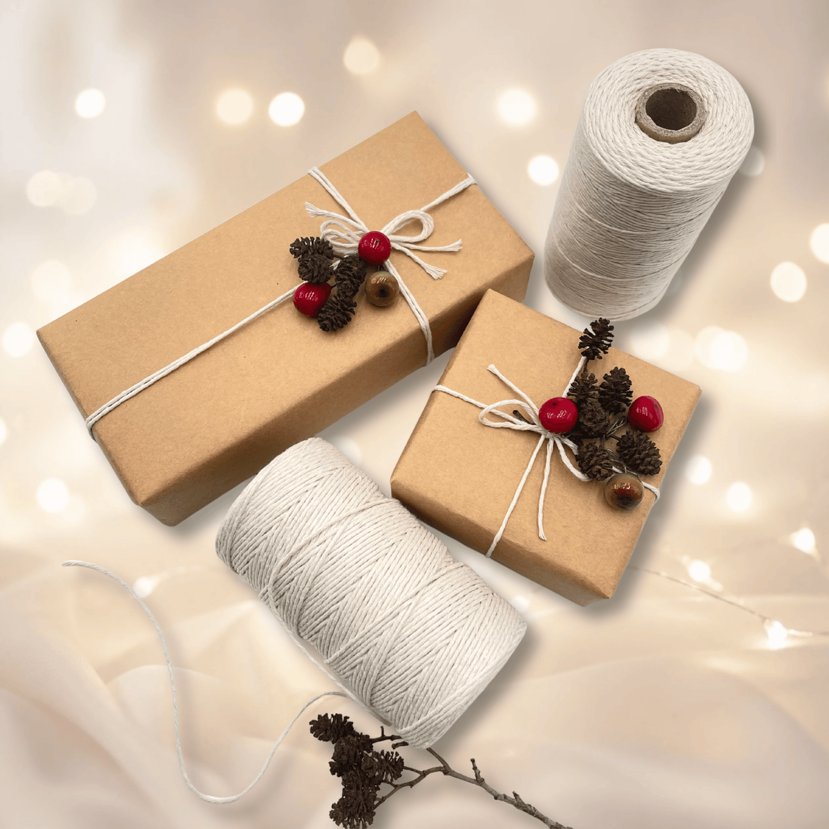 Kraft brown wrapping paper styled with baker’s twine, berries and pine cones