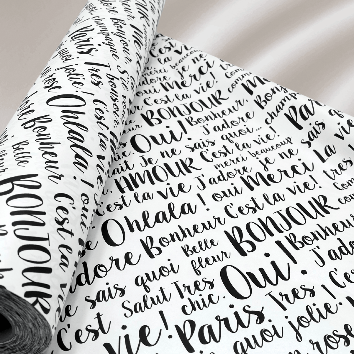 Paris luxury pearlised gift wrapping paper roll featuring elegant black French typography on a soft off-white background, 60cm wide.