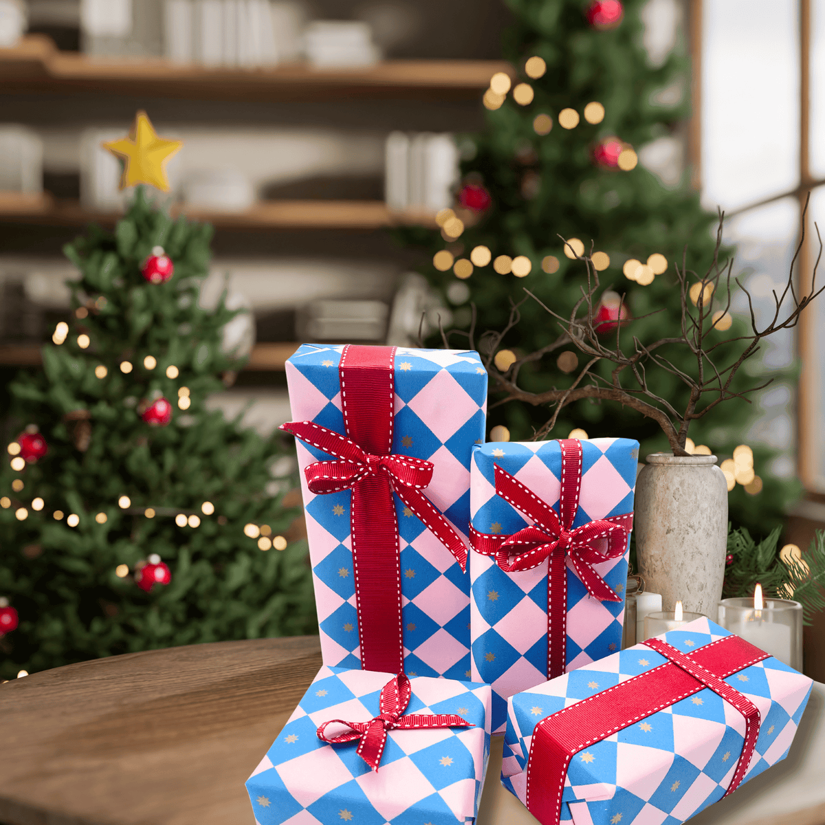 Electric blue and pink checkerboard Christmas wrapping paper on presents decorated with red ribbon beside a festive Christmas tree