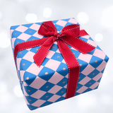 Christmas present wrapped in electric blue and pink checkerboard paper with a red grosgrain ribbon and bow