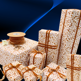 Floral Posy Toffee rustic gift wrapping paper with amber velvet ribbon and wrapped gifts
