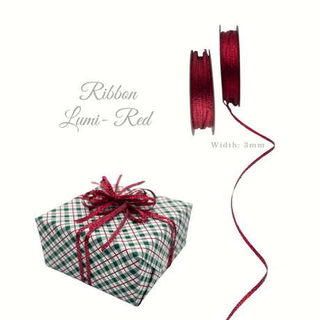 Lumi Red 3mm metallic ribbon spool with Christmas gift wrapping