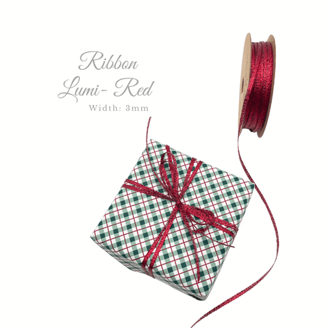 Red metallic 3mm ribbon tied around festive checked Christmas gift wrap