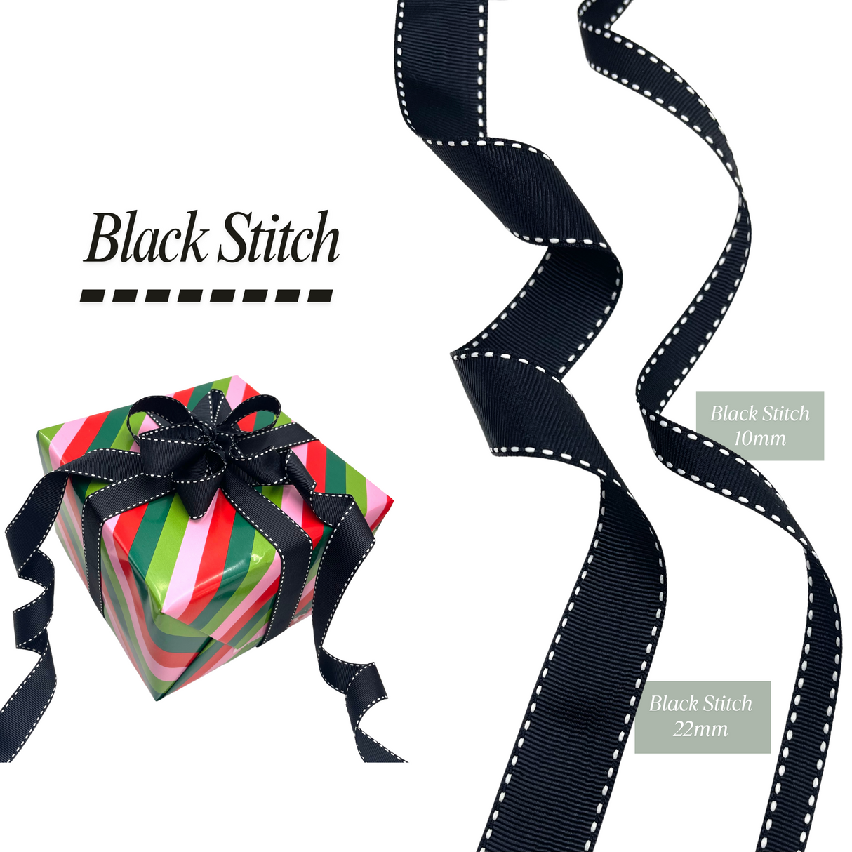 Grosgrain Ribbon Black Stitch – 10mm or 22mm
