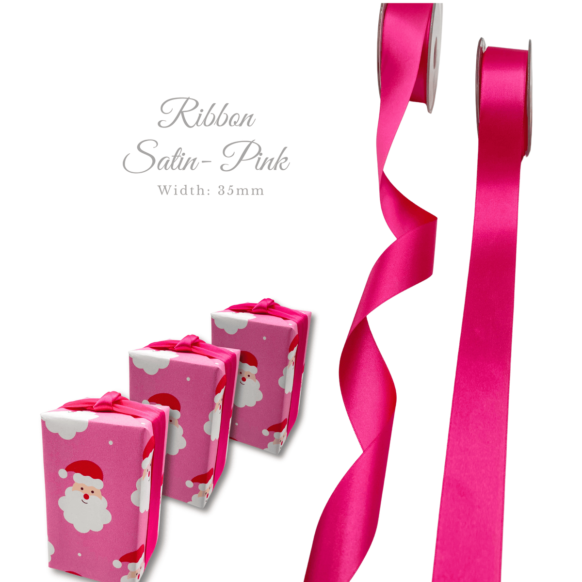 Bright pink satin ribbon shown on two spools beside three wrapped gift boxes with Santa Claus prints. Text reads 'Ribbon Satin-Pink' and 'Width: 35mm'.
