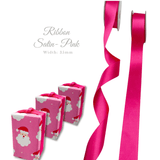 Bright pink satin ribbon shown on two spools beside three wrapped gift boxes with Santa Claus prints. Text reads 'Ribbon Satin-Pink' and 'Width: 35mm'.