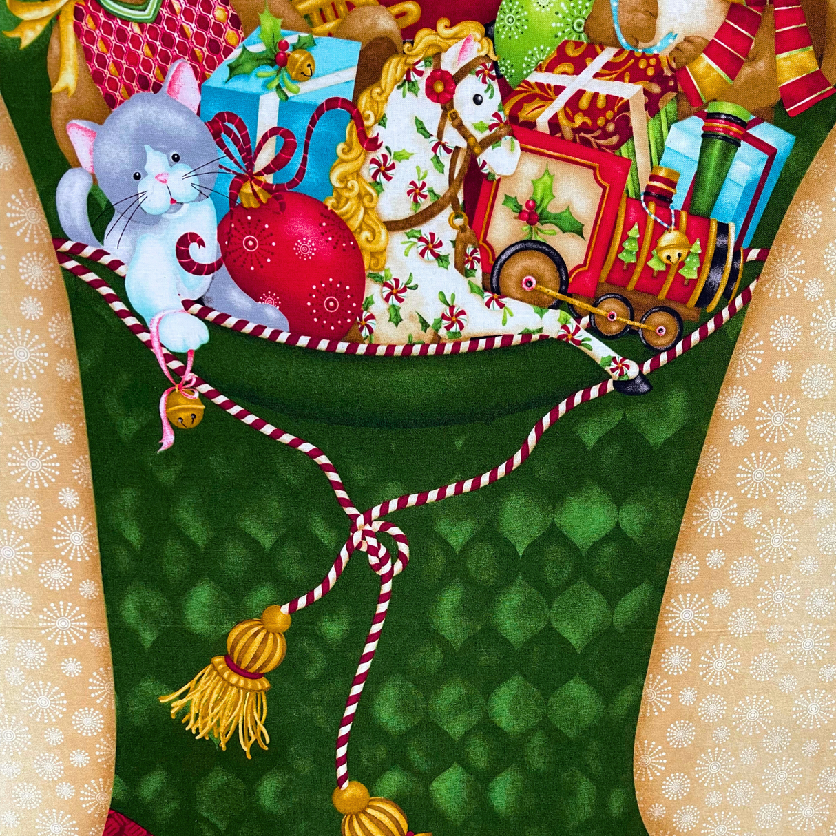 Santa’s Here Green Fabric Panel, Christmas Stocking by Benartex BT6070.45