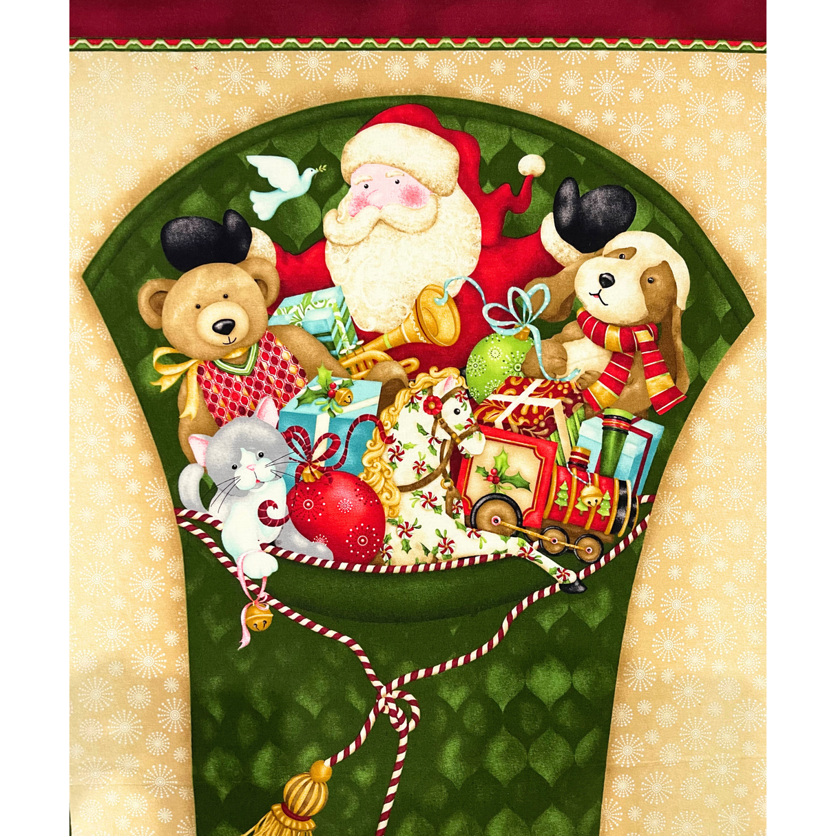 Santa’s Here Green Fabric Panel, Christmas Stocking by Benartex BT6070.45