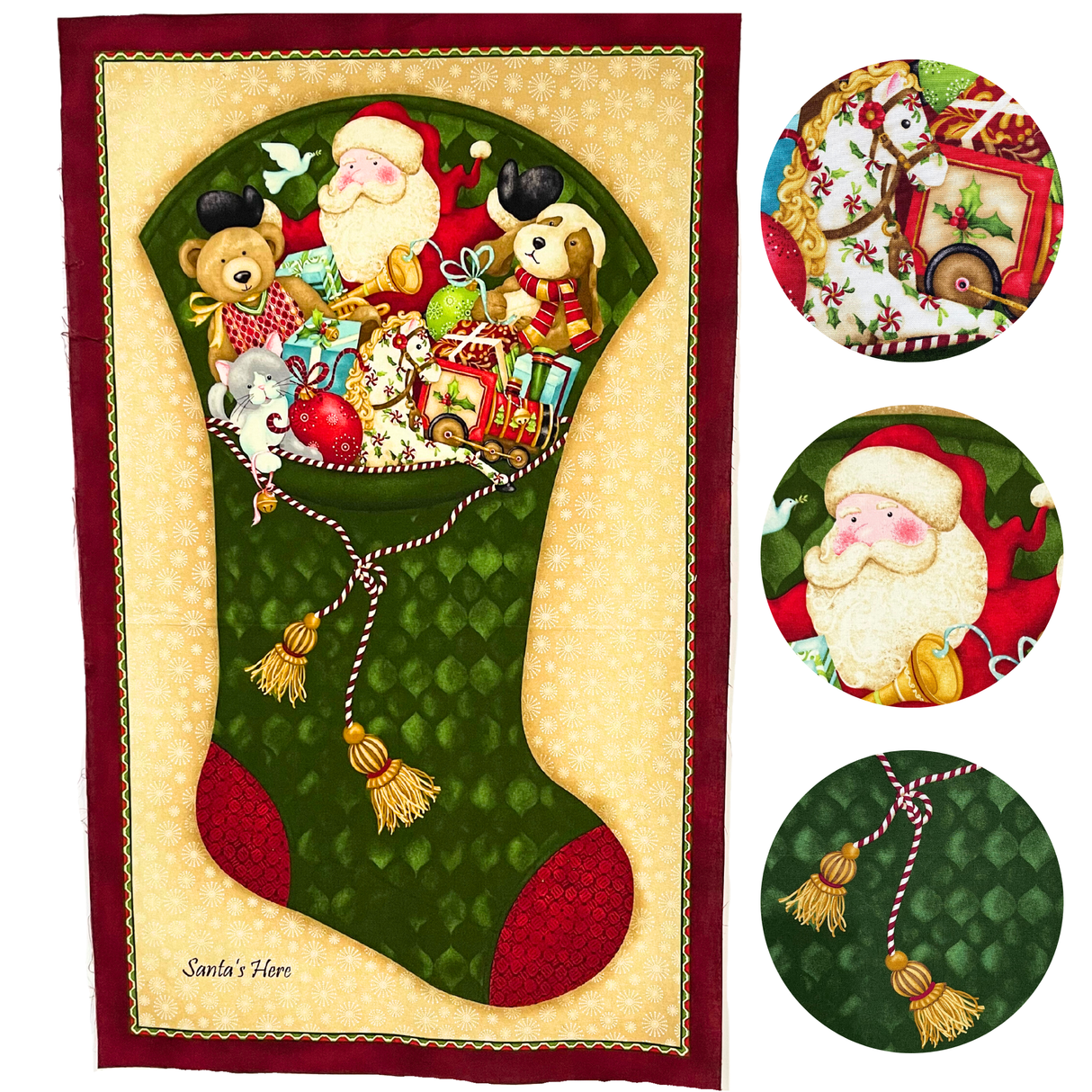 Santa’s Here Green Fabric Panel, Christmas Stocking by Benartex BT6070.45