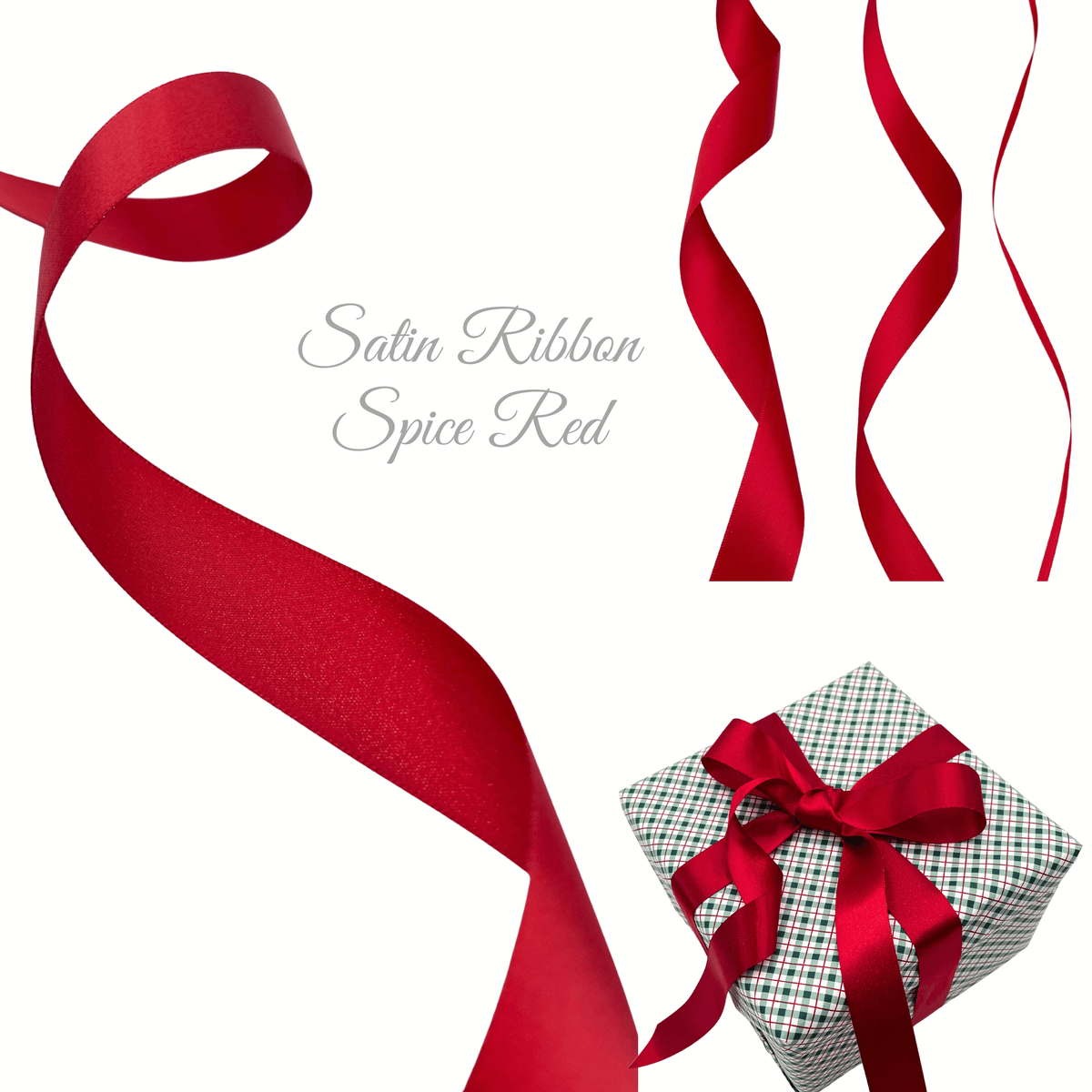 Spice Red satin ribbon tied around Christmas gift wrapping paper