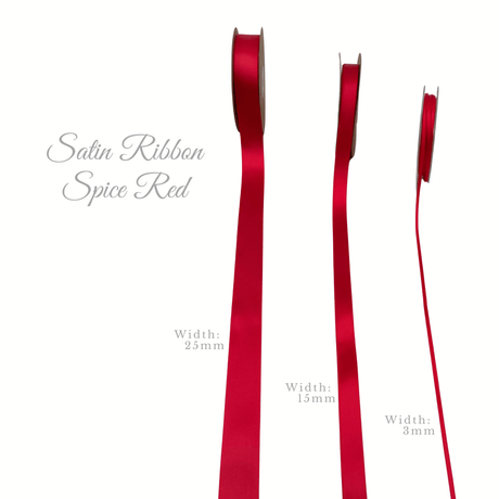 Spice Red double satin ribbon in 3mm, 15mm and 25mm widths