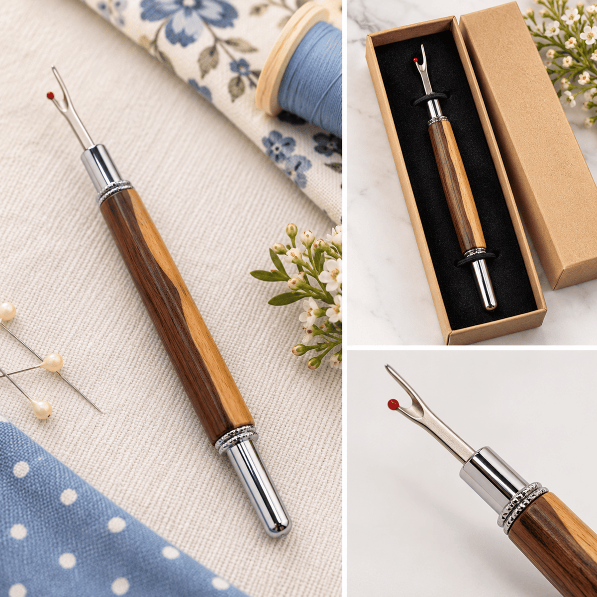 Hand-turned wooden seam ripper with honey and brown timber grain, polished chrome details and sewing accessories.