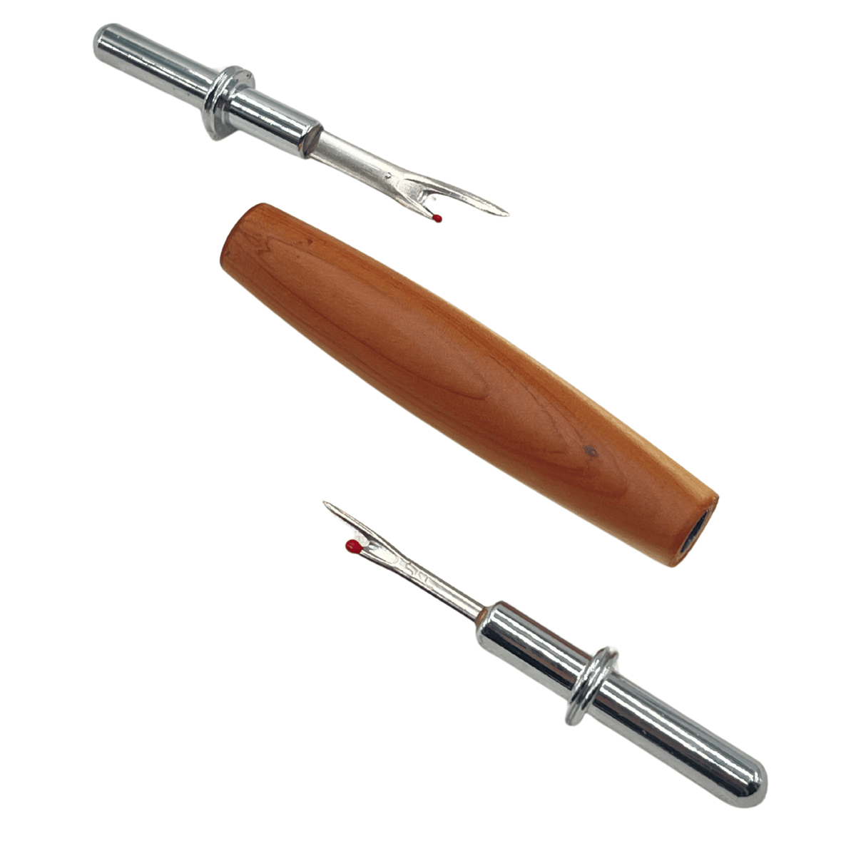 Handcrafted wooden seam ripper with two interchangeable chrome blades