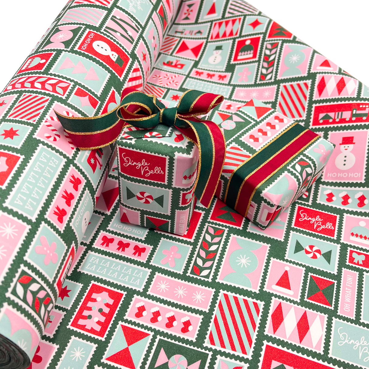 Poppy Pink Stamps Gift Wrapping Paper – 80gsm, 60cm Wide | Festive Christmas Wrap