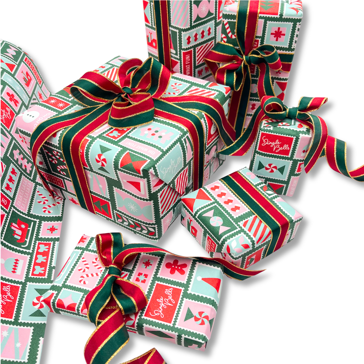 Poppy Pink Stamps Gift Wrapping Paper – 80gsm, 60cm Wide | Festive Christmas Wrap