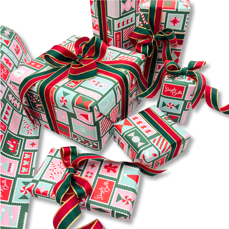 Poppy Pink Stamps Gift Wrapping Paper – 80gsm, 60cm Wide | Festive Christmas Wrap