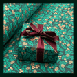 Xmas Harvest Green Christmas gift wrapping paper with golden acorns, foliage and burgundy satin ribbon