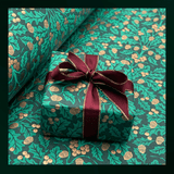 Xmas Harvest Green Christmas gift wrapping paper with golden acorns, foliage and burgundy satin ribbon