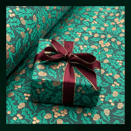 Xmas Harvest Green Christmas gift wrapping paper with golden acorns, foliage and burgundy satin ribbon