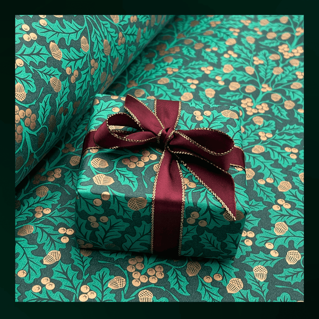 Xmas Harvest Green Christmas gift wrapping paper with golden acorns, foliage and burgundy satin ribbon