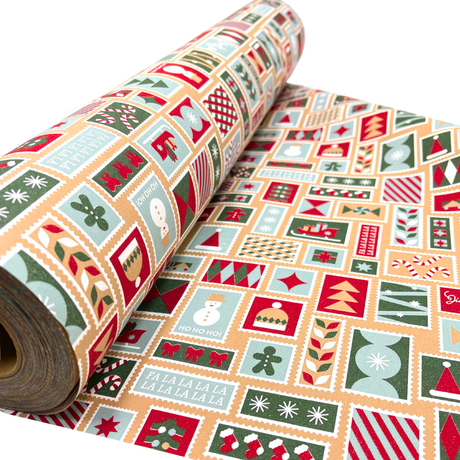 Xmas Stamps Gift Wrapping Paper – 80gsm, 60cm Wide | Festive Christmas Wrap