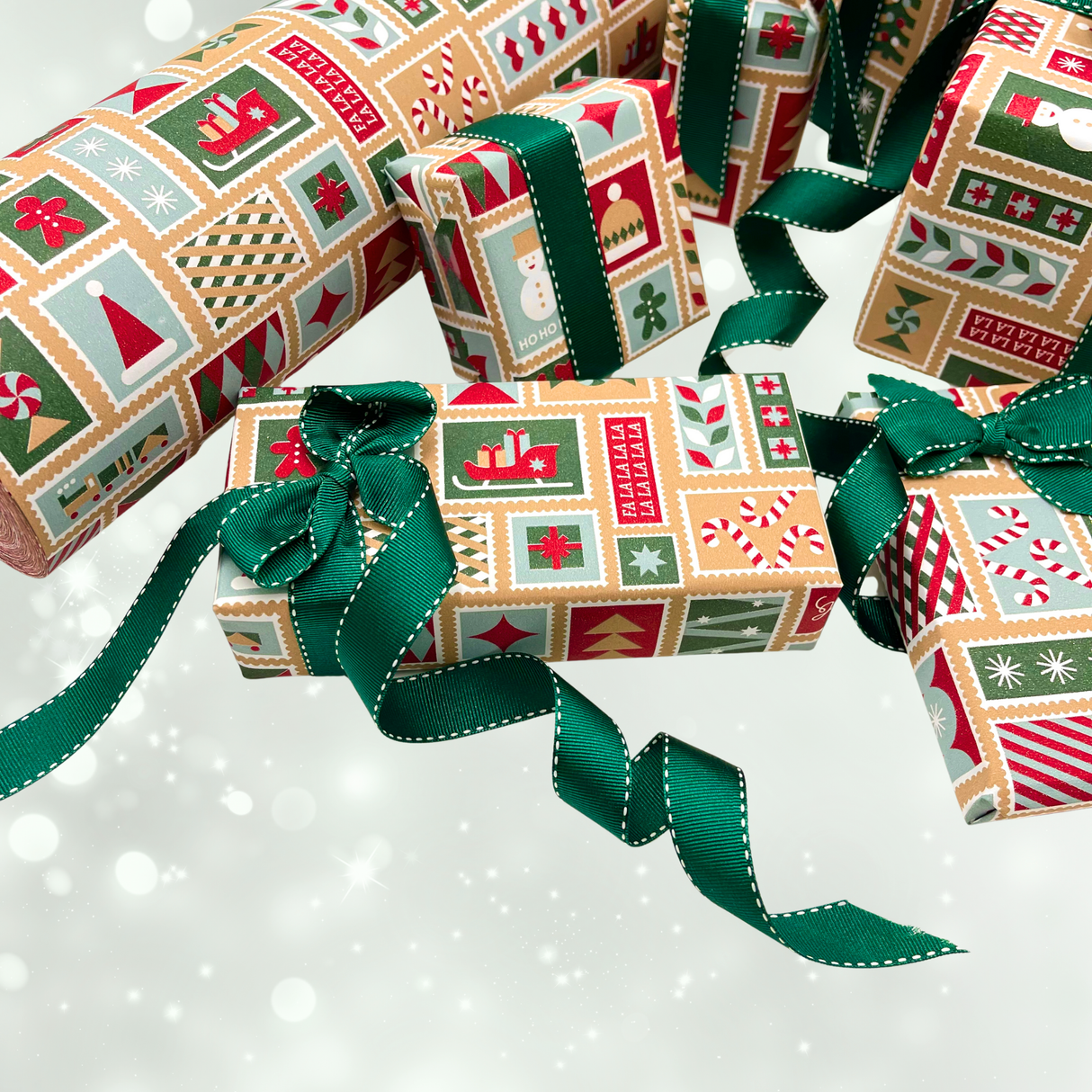 Xmas Stamps Ginger Gift Wrapping Paper – 80gsm, 60cm Wide | Festive Christmas Wrap