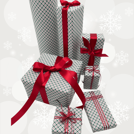 Yuletide Green Christmas gift wrapping paper with red ribbon and wrapped gifts