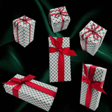 Five wrapped gift boxes arranged on a dark green satin background. The boxes are wrapped in white paper with a red and green plaid pattern and tied with red ribbon bows.