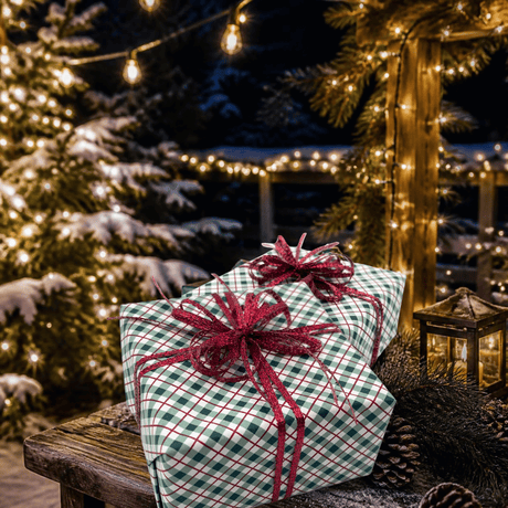 A wrapped Christmas gift box with a green and white plaid pattern and red ribbon bows, displayed on a rustic wooden table in a festive outdoor holiday setting with warm string lights and evergreen trees.