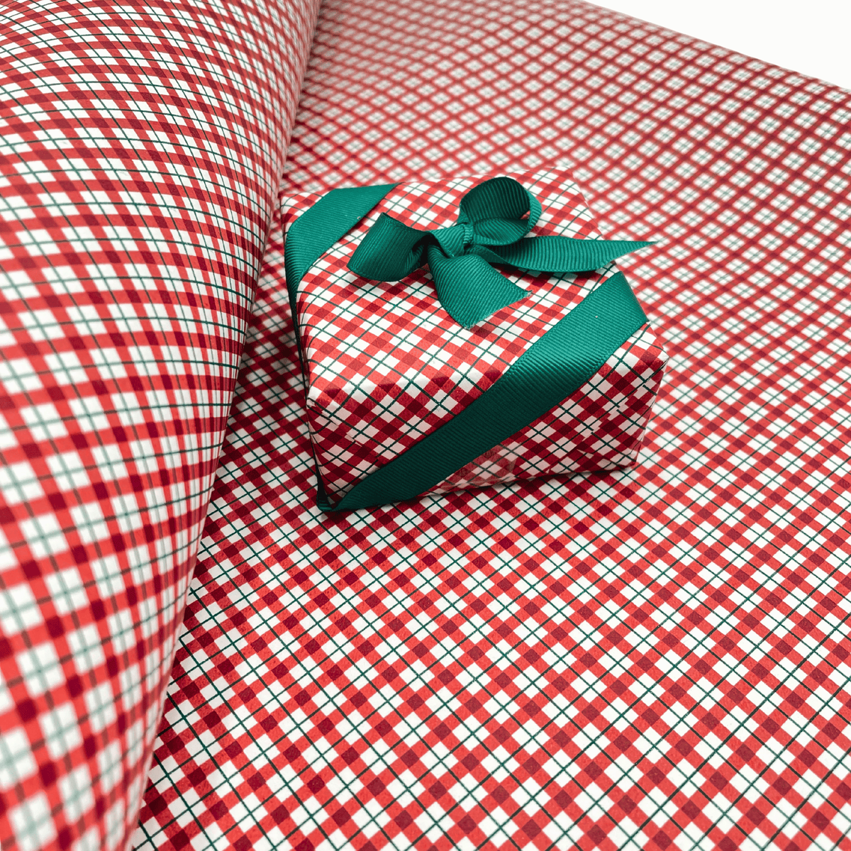 Yuletide Red Christmas gift wrapping paper with Evergreen grosgrain ribbon
