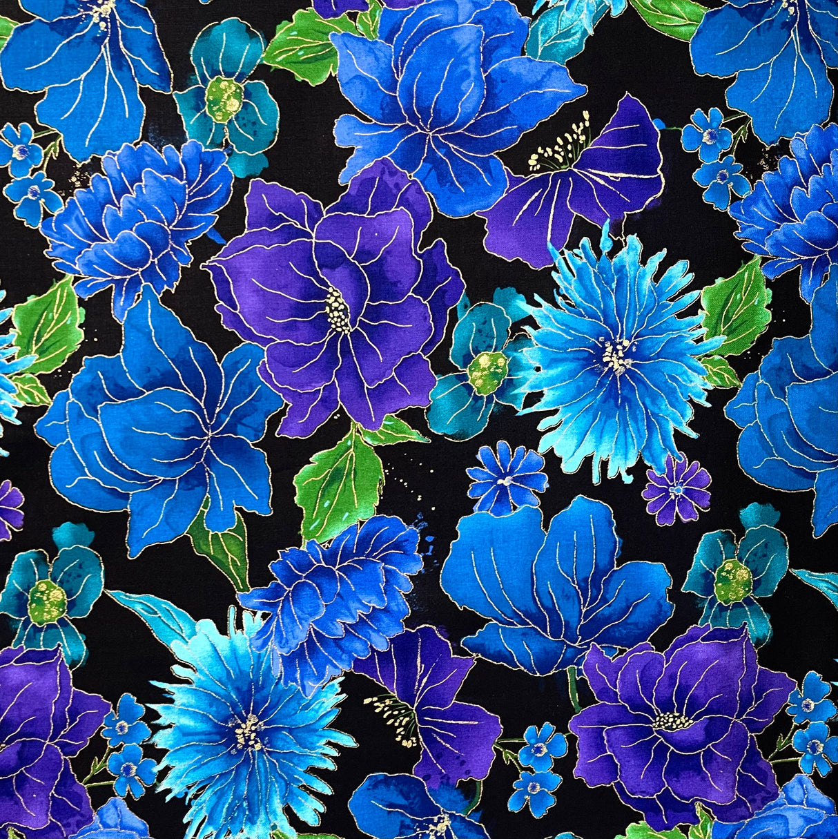 Floral Blue fabric metallic Fly by Night All over Timeless Treasures CM6095